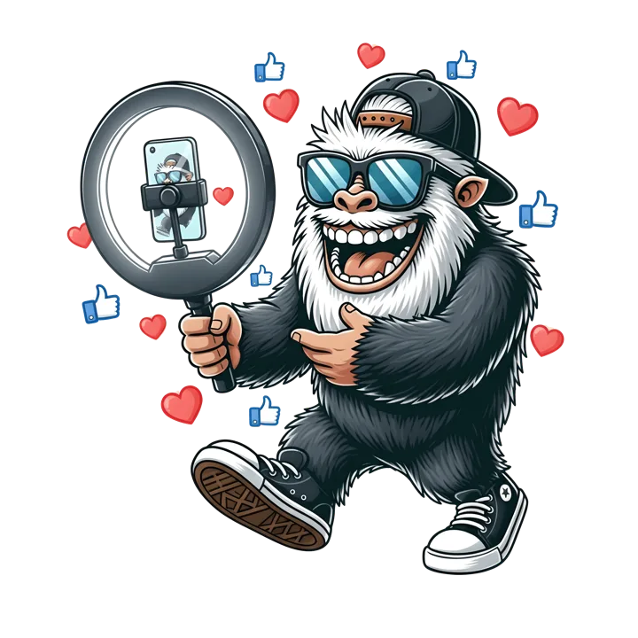 The Yeti holding a ring light, surrounded by likes and hearts